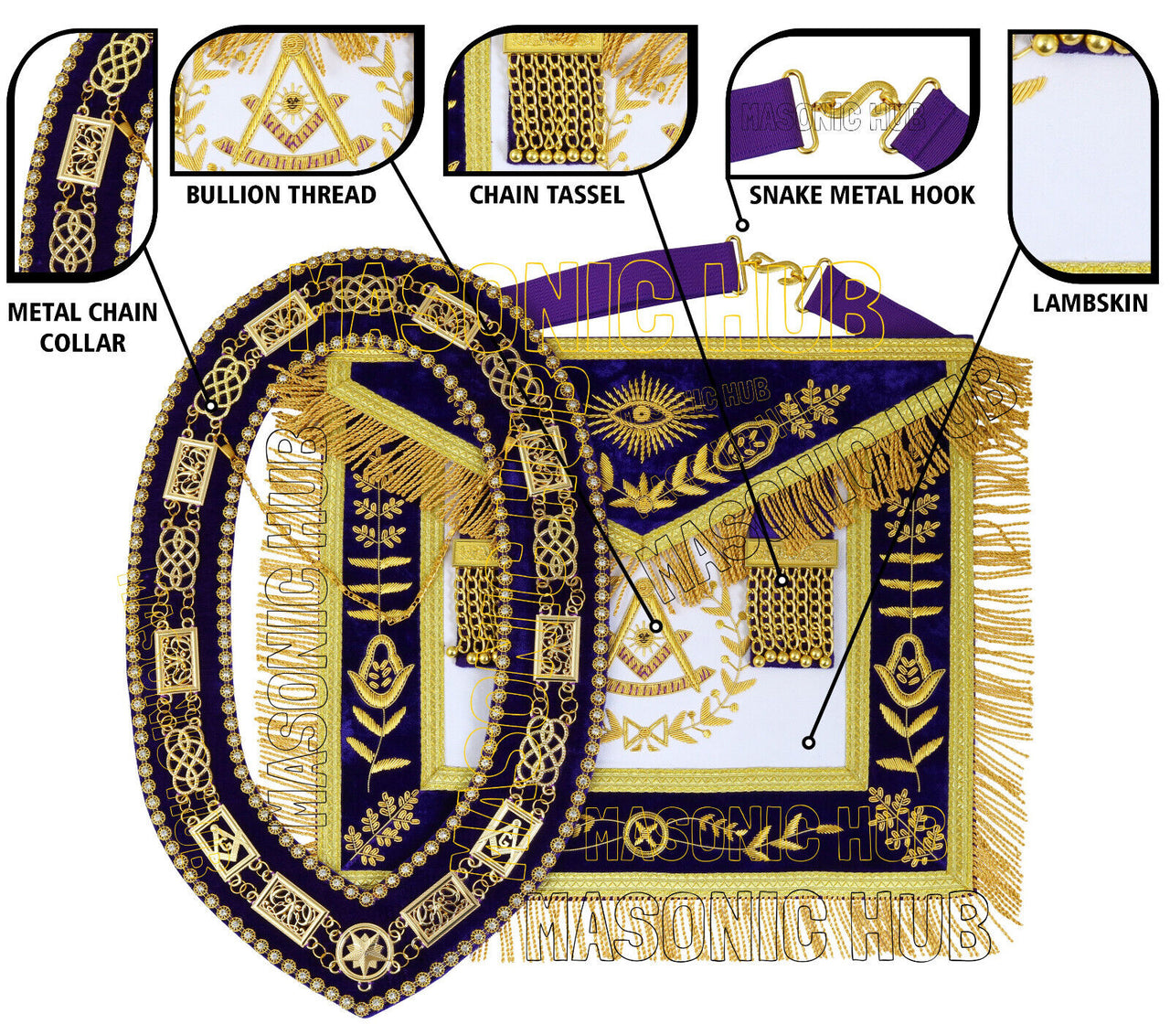 Handcrafted 100% Lambskin Masonic Grand Lodge past Master Apron & Chain Collar