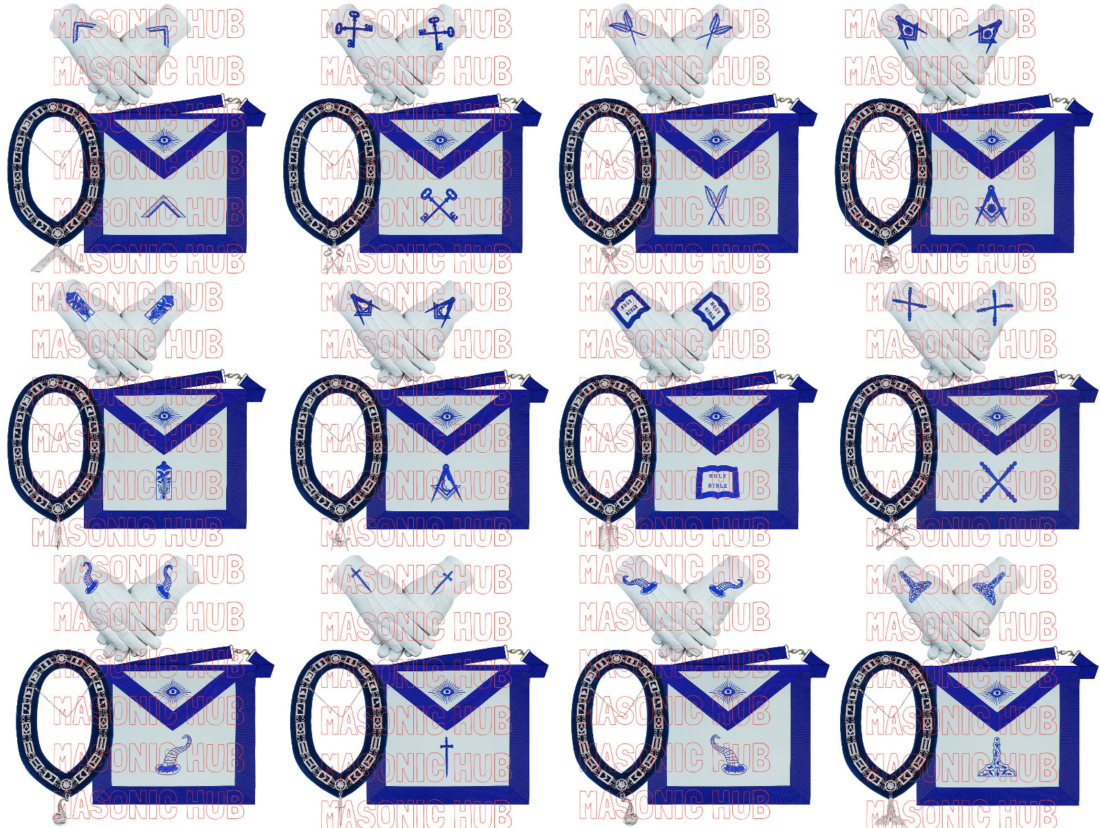 Masonic Blue Lodge Officer Aprons Set of 12 - Gloves , Chain Collars - Jewels
