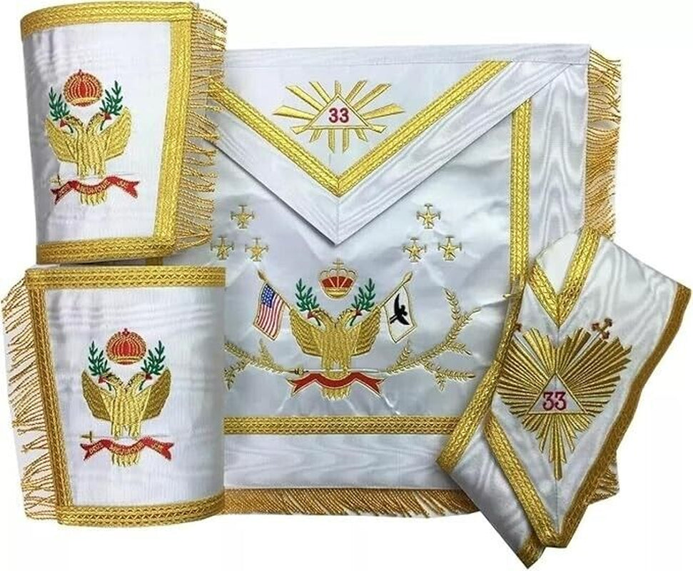 Masonic Scottish Rite 33Rd Degree Apron, Collar, and Gauntlets Set Wings up Gold