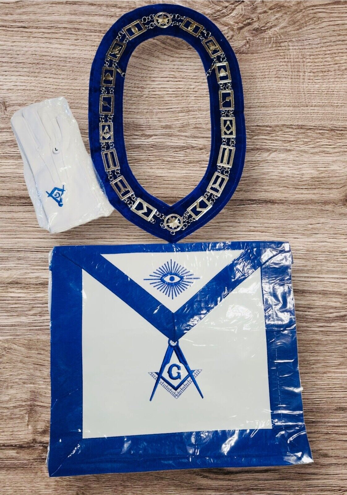 Blue Lodge Master Mason Apron, Chain Collar, Square and Compass Gloves Set