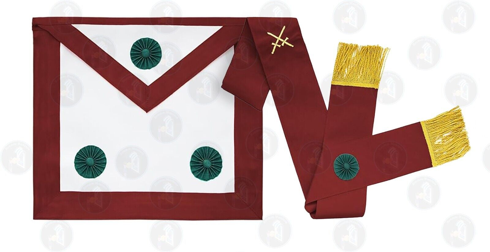 Masonic Knight Mason York Rite Apron with Black or Green Rosette & Matching Sash