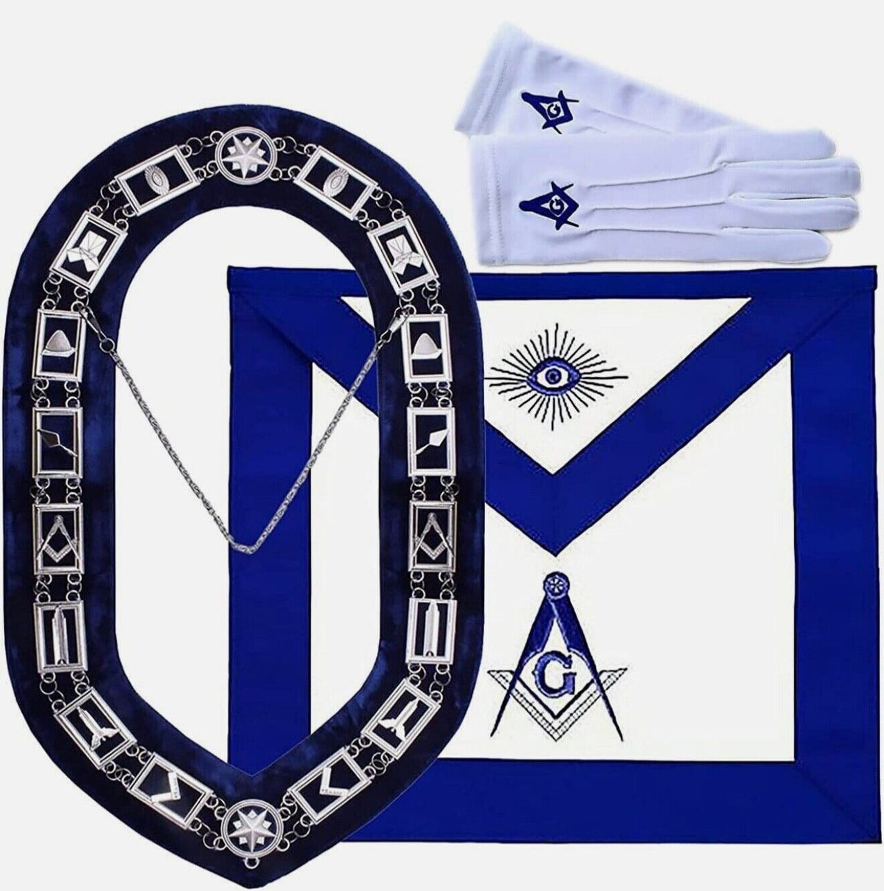 Blue Lodge Master Mason Apron, Chain Collar, Square and Compass Gloves Set