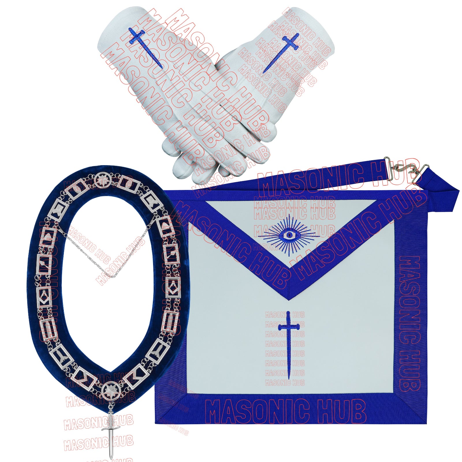 Masonic Blue Lodge Officer Aprons Set of 12 - Gloves , Chain Collars - Jewels