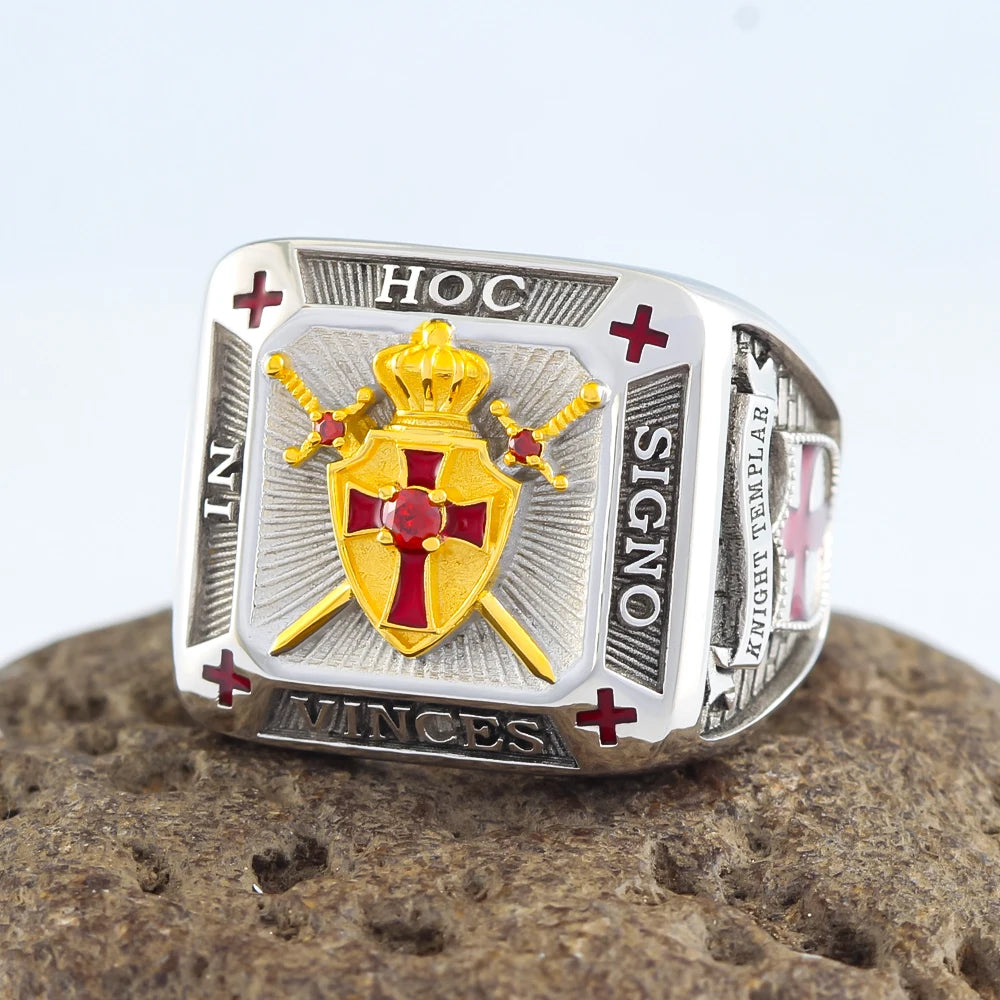 Knights Templar Cross and Crown In Hoc Signo Vinces Crusader Seal Shield Masonic Freemasonry Sterling Silver Ring
