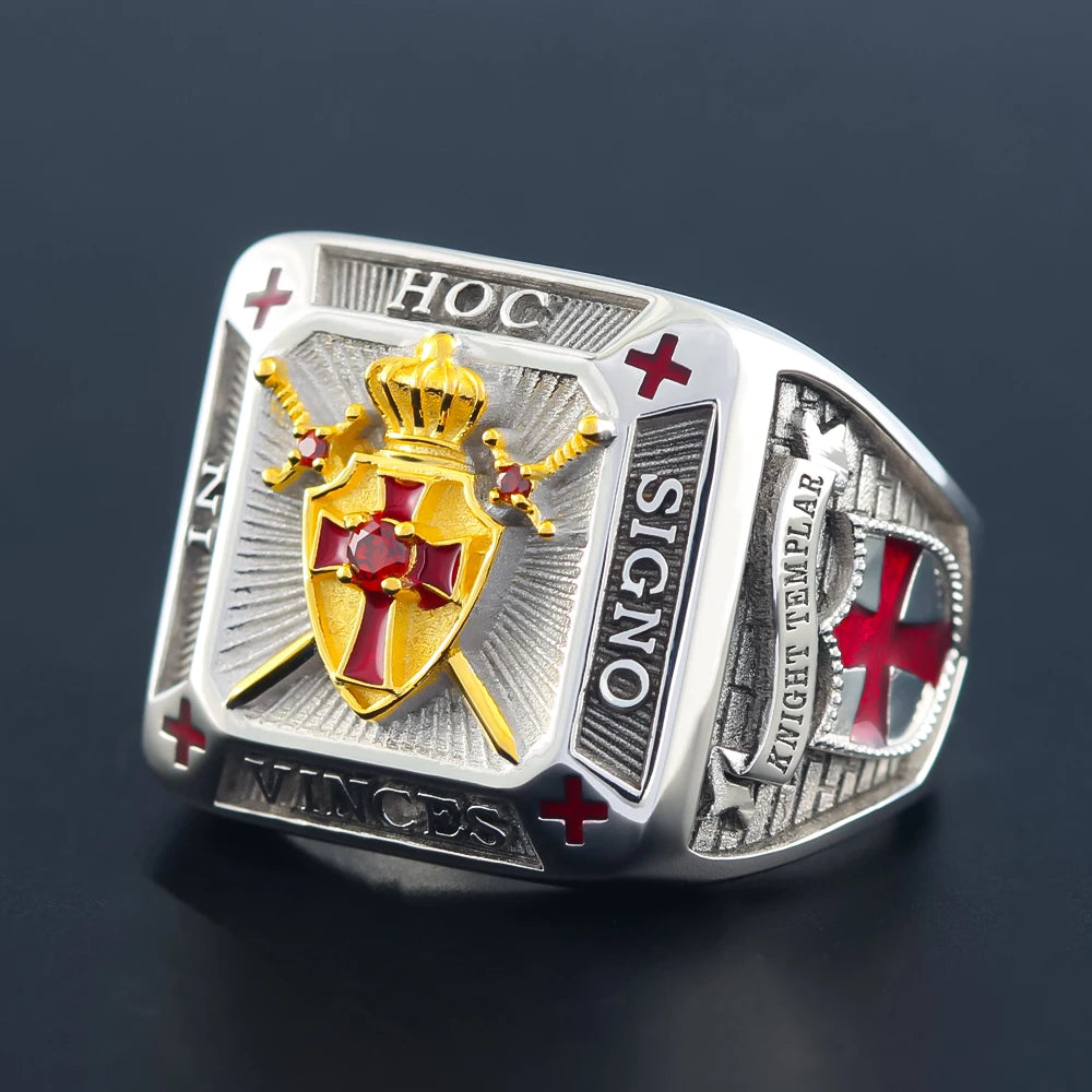 Knights Templar Cross and Crown In Hoc Signo Vinces Crusader Seal Shield Masonic Freemasonry Sterling Silver Ring