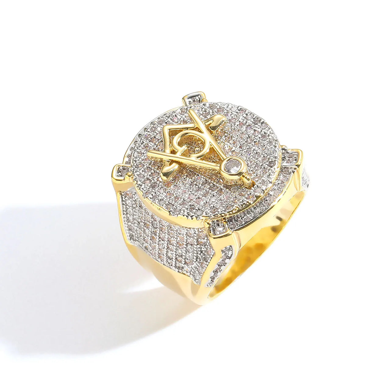 AG Freemason Men's 18K Gold Plated Champion Ring Retro Style Creative Personality Hip Hop with Full Zircon for Engagement