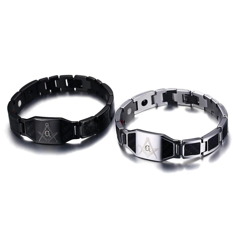Masonic Black Magnetic Bracelet Men Stainless Steel Hand Chain ID Carbon Fiber High Magnet Health Energy Jewelry Male Waterproof