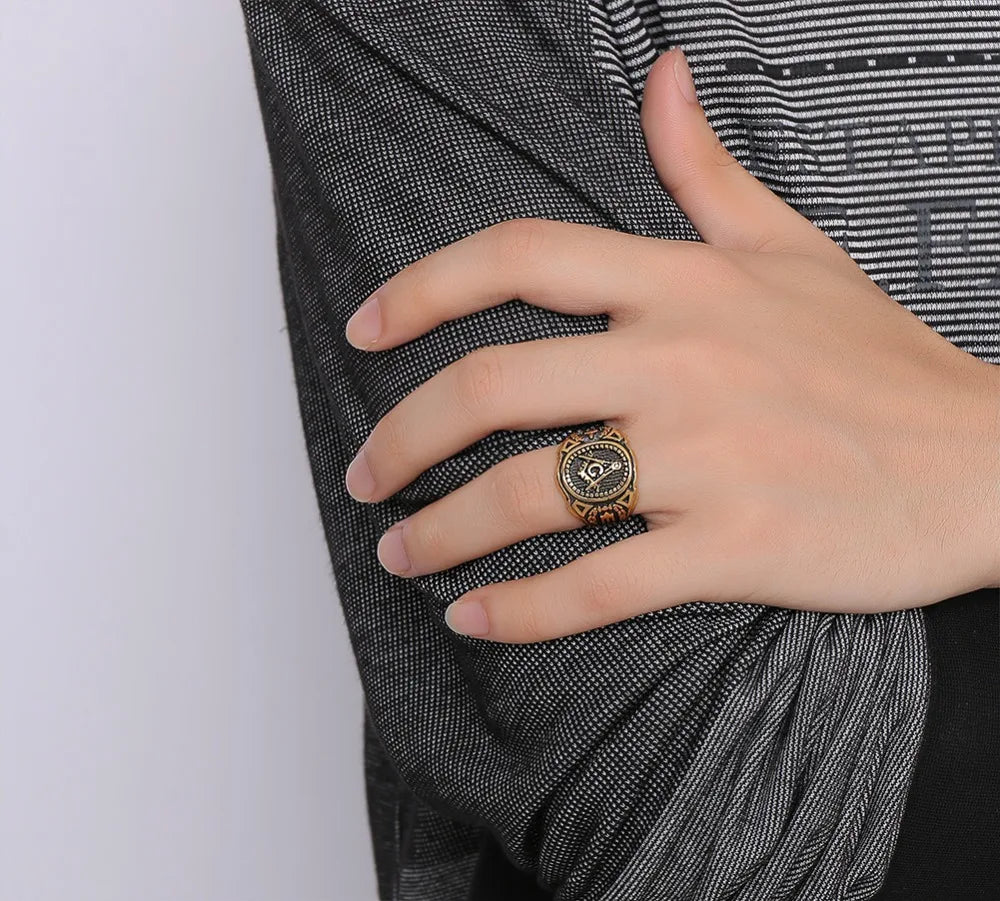 Punk New Men's Stainless Steel Masonic MASON Gold Color Tone Biker Ring Size 8-12#