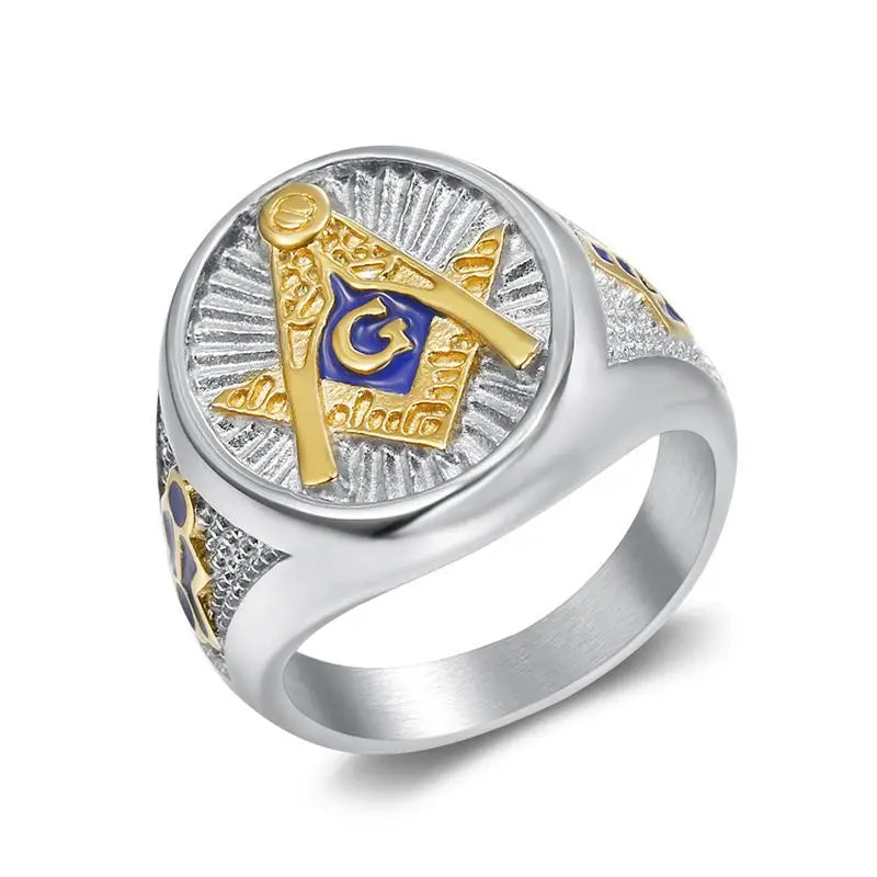 AG Ring Blue Enamel Freemason Masonic Free Mason  Gold color Stainless Steel Jewelry For Men/women