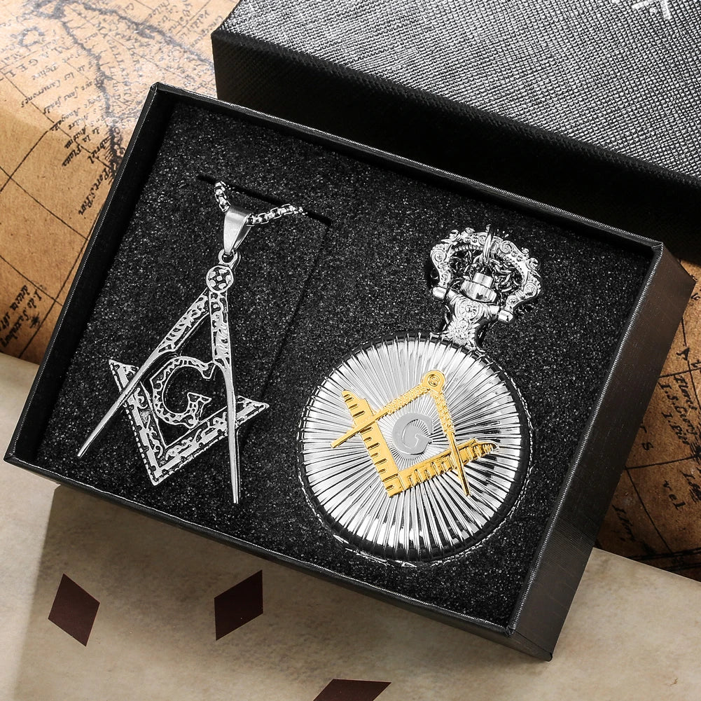 Masonic Pocket Watch Necklace Gift Set Quartz Arabic Numerals Dial Necklace Pocket Clock Freemasonry Pendant Chain Men Women