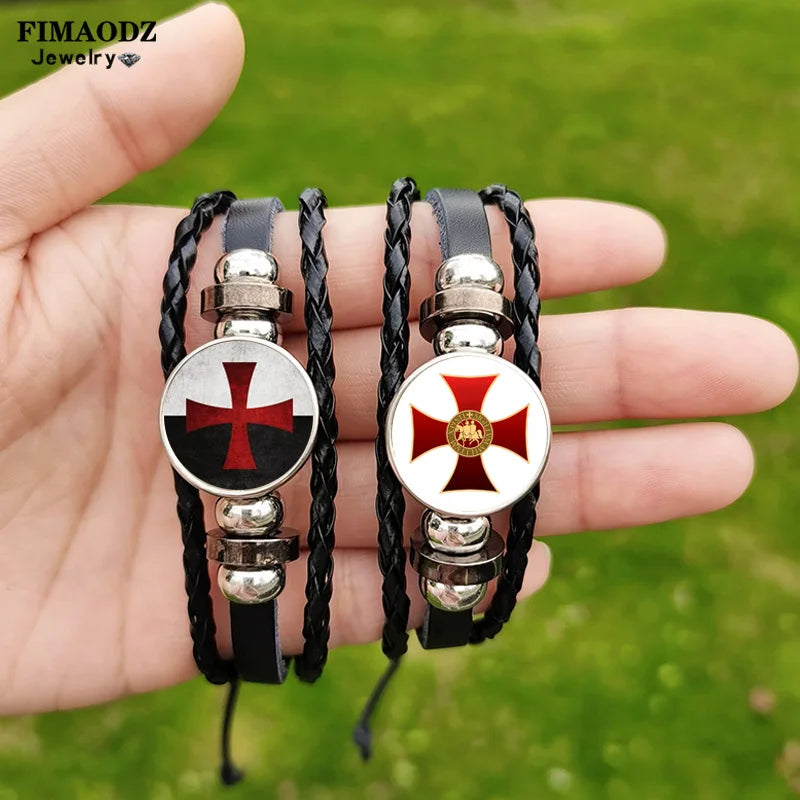 Hot Knights Templar Cross Bracelet for Men Unisex Masonic Symbol Glass Custom Pattern Woven Leather Bracelets Bangle