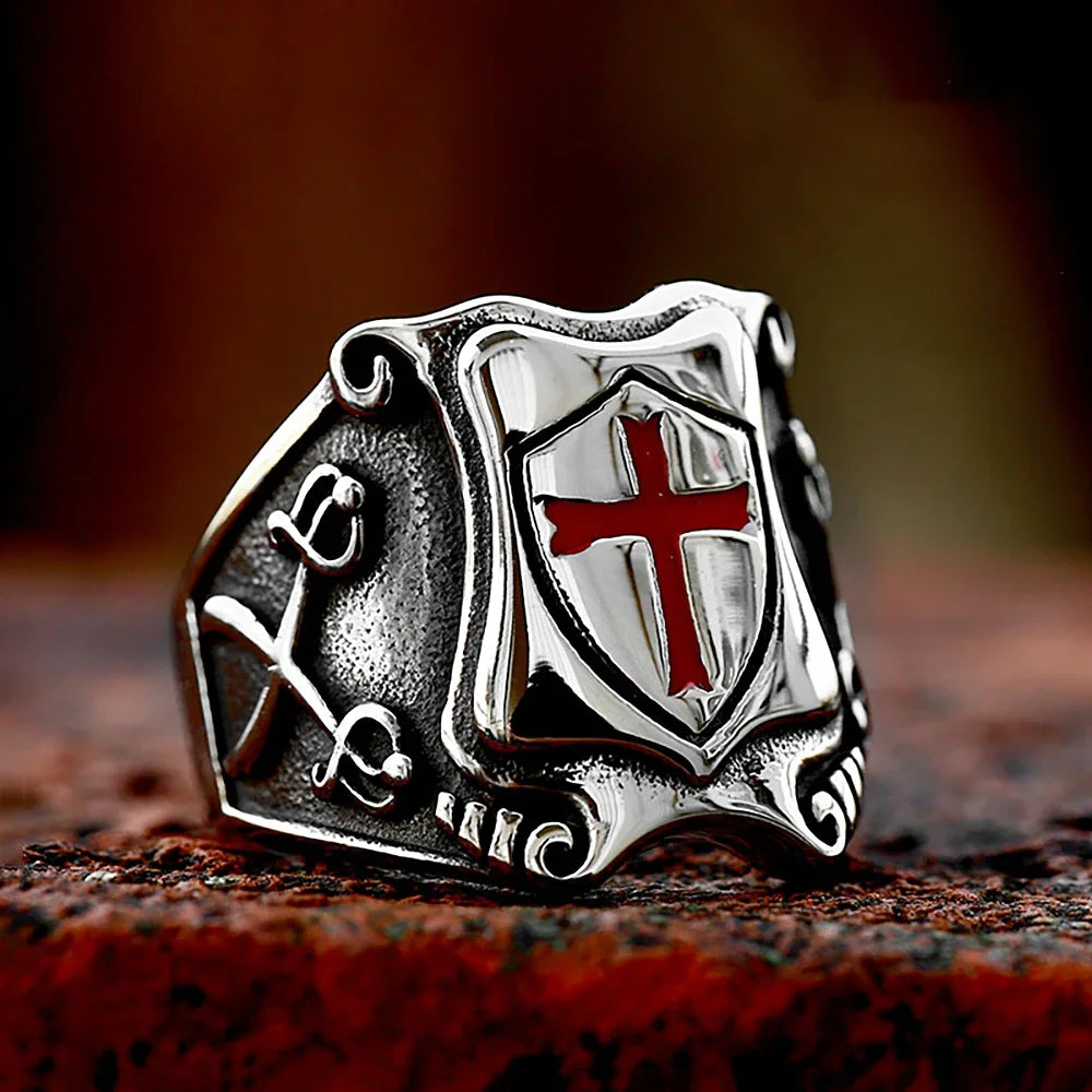 Vintage Knights Templar Cross Shield Rings For Men Gothic Punk 316L Stainless Steel Masonic Rings HipHop Rock Biker Jewelry Gift