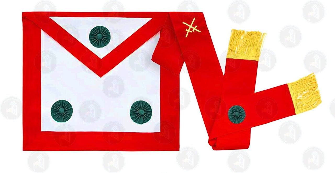 Masonic Knight Mason York Rite Apron with Black or Green Rosette & Matching Sash