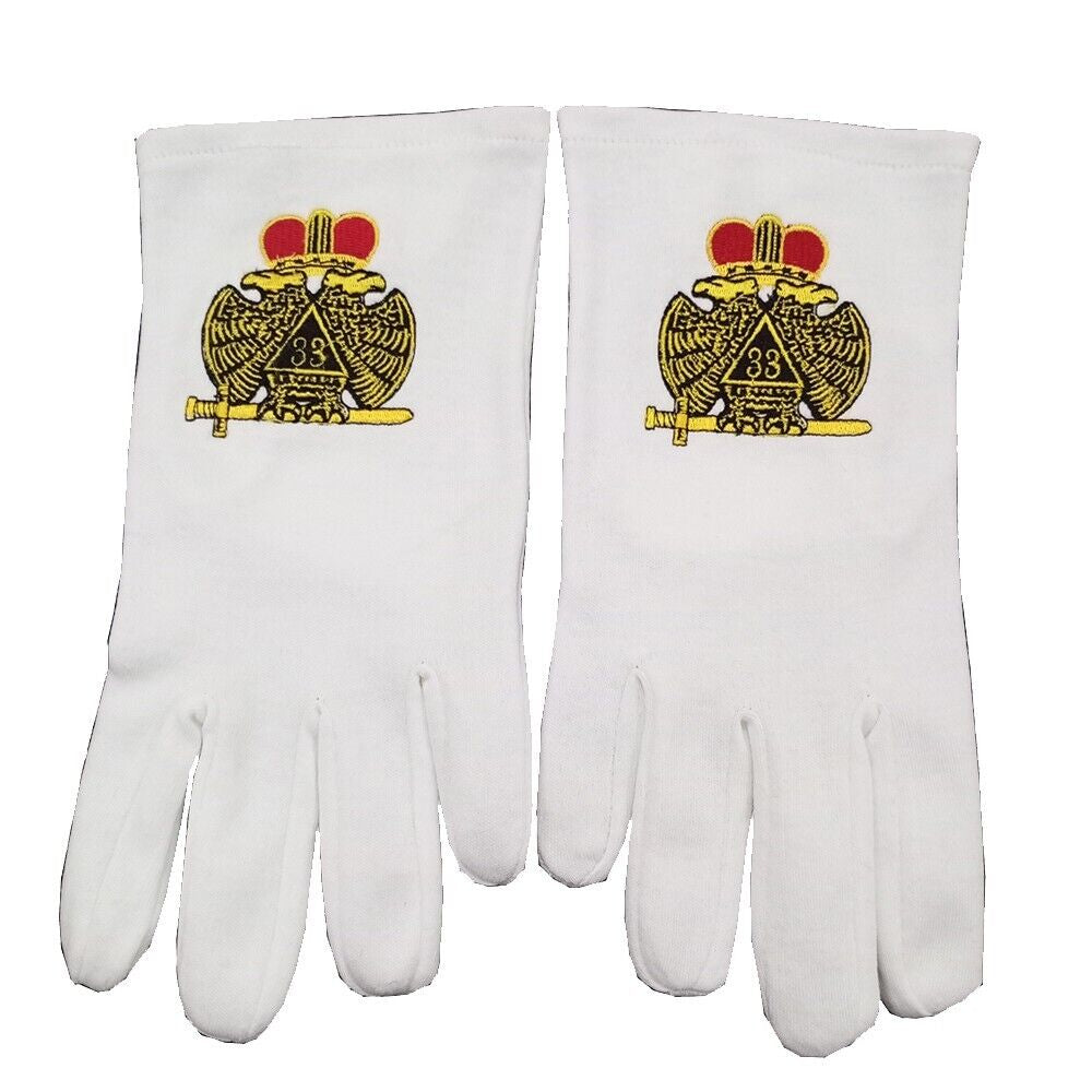 Masonic Regalia 33 Degree Finest Quality Embroidered Cotton Gloves Pairs