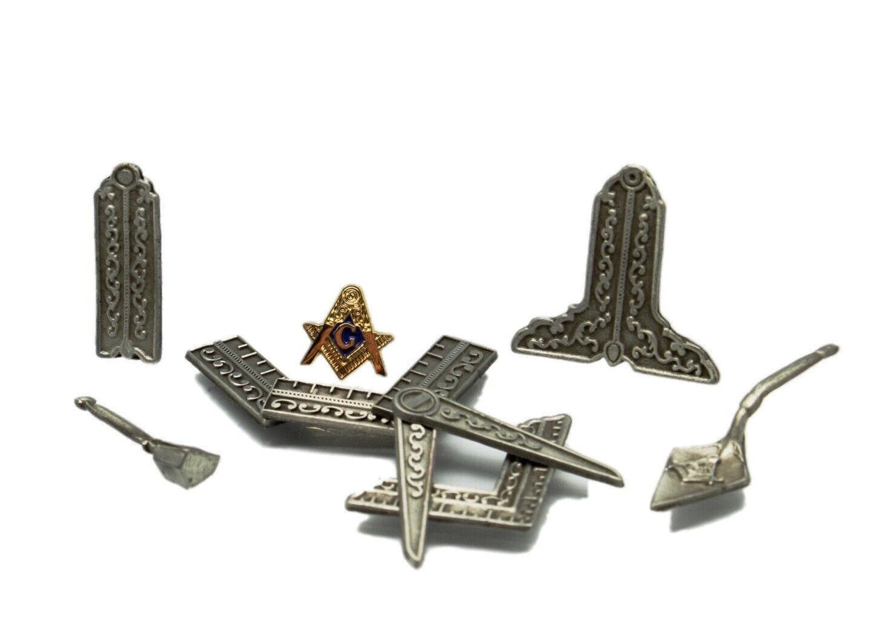 Blue Lodge Masonic Working Tools Miniature Antique Silver with Lapel Pin