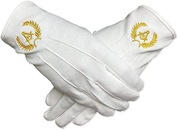 White Cotton Master Masonic Gloves Hand Embroidered Gold Square Compass