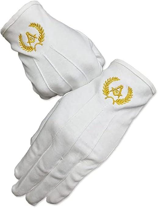 White Cotton Master Masonic Gloves Hand Embroidered Gold Square Compass